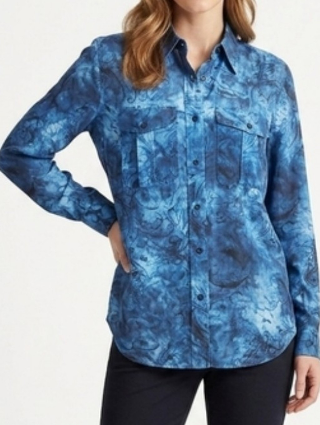 Lauren Ralph Lauren Silk Blend Blouse M Blue Swirl Abstract Print Button Up Top